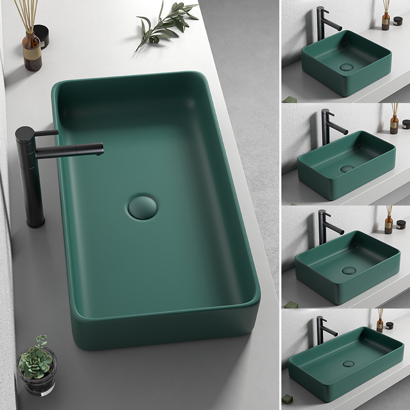 Nórdico verde oscuro Mesa lavabo cuadrado lavabo baño balcón mini lavabo de cerámica lavabo único lavabo