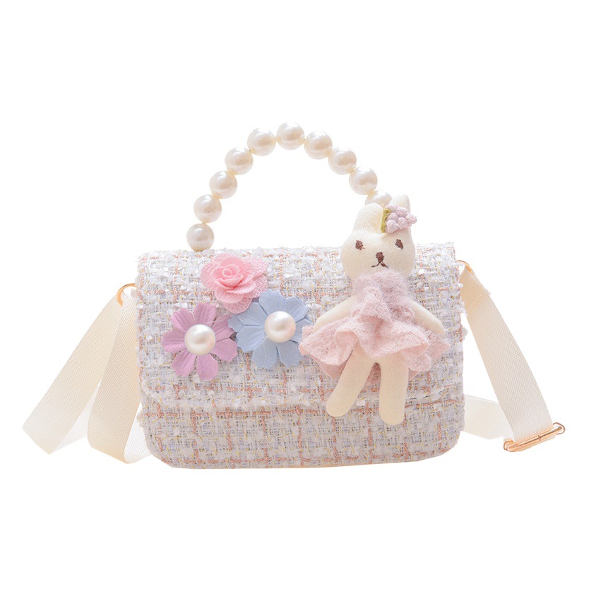 Ins nuevo estilo bolso de las niñas perla estilo chanel bolsa de moda portátil de lana pequeña flor moda chica princesa bolsa de mensajero
