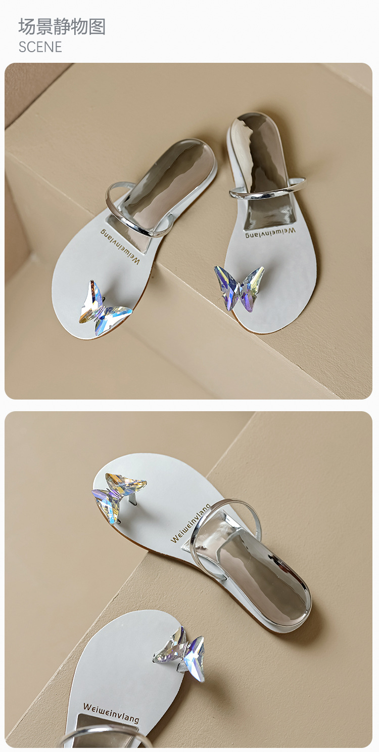 Open Toe Sandals For Women Summer New Fashion Butterfly Rhinestone One Line Flat Slippers With Clip Large Size_voghion.com