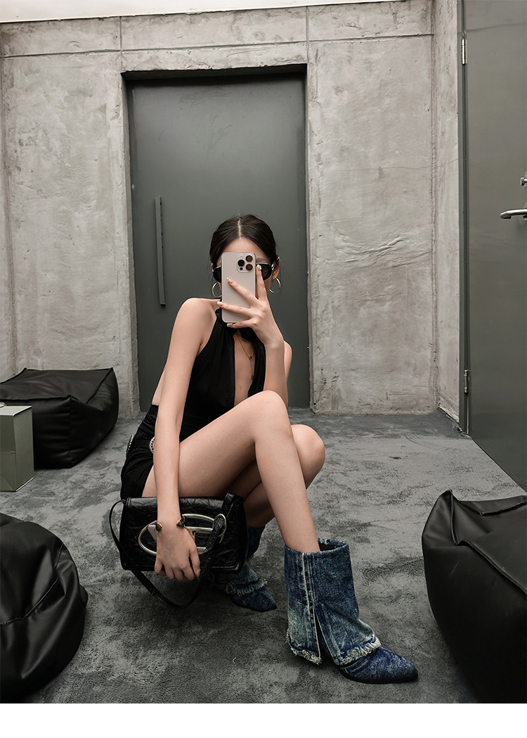 Boot nữ cổ thấp đế thô denim phong cách cao bồi Âu Mỹ — Màu xanh lam chi tiết 6