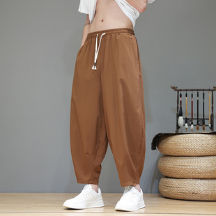 2024 summer thin ice silk casual pants men's Chinese style loose plus size nine harem pants a generation of hair