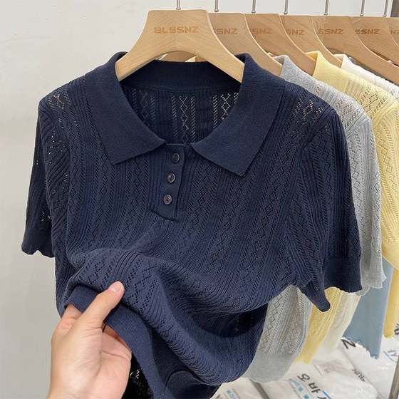 Shirt lapel hollow short sleeve sweater women's summer 2025 new unique niche half sleeve yellow top