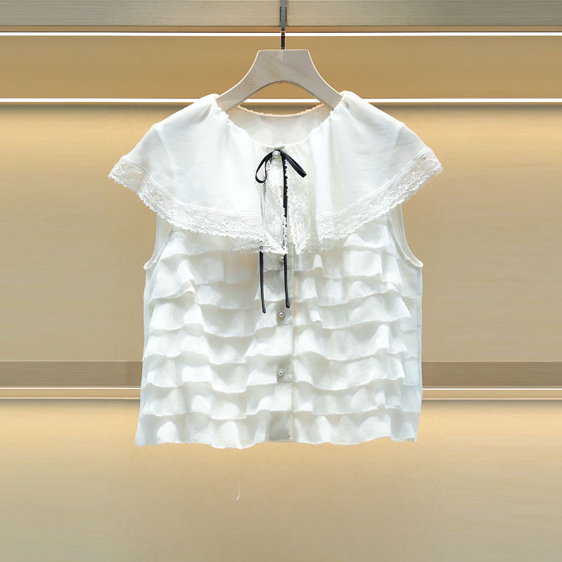 Mo Shu Wei Ya 2025 Summer New College Style Bow Small Flying Sleeve Single-breasted Lace Stitching Shirt 1201D Mo Shu Wei Ya 2025 Summer New College Style Bow Small Flying Sleeve Single-breasted Lace Stitching Shirt 1201D
