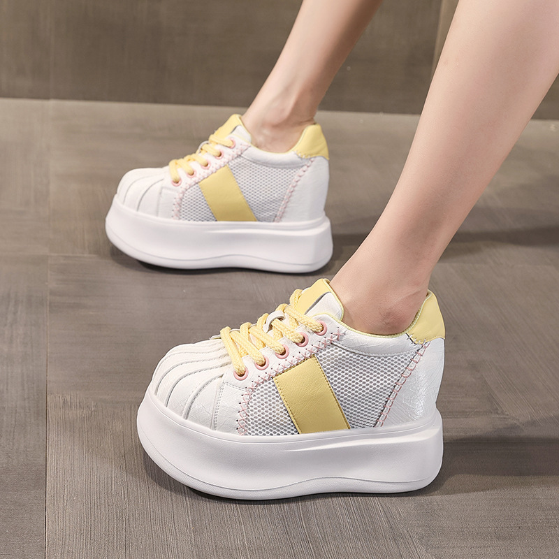 Giày sneaker nữ đế dày tăng chiều cao lưới thoáng khí phối màu trắng hồng — Trắng hồng