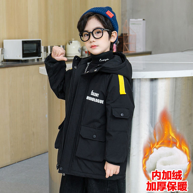 男童加绒加棉外套中长款棉衣中大童风衣儿童冬装外套2025新潮童装
