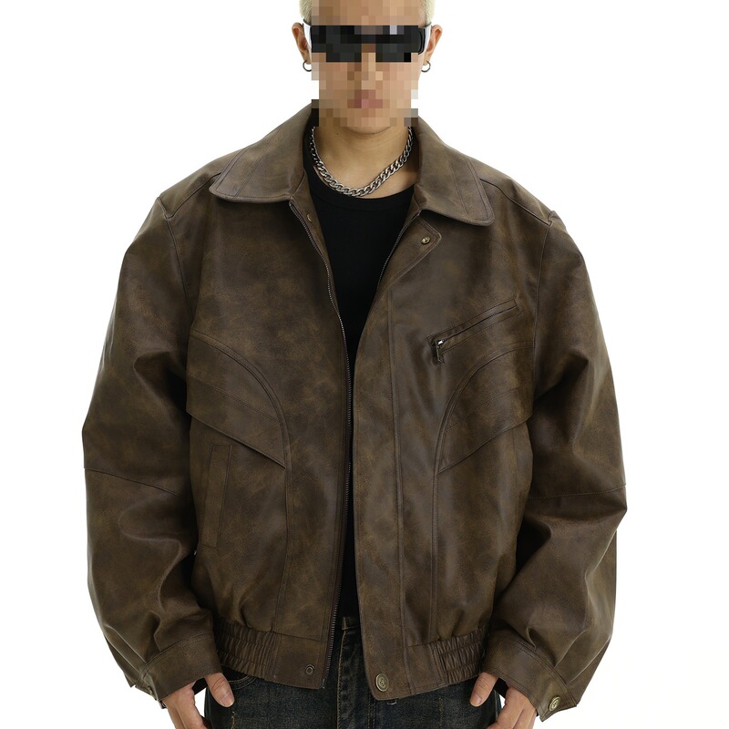 American Trendy Brand Retro Distressed Leather Jacket Men's Spring & Fall New Handsome Design Niche Casual Lapel Jacket