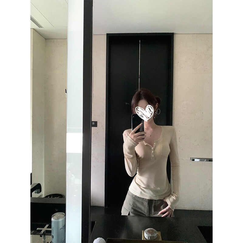 韩系百搭亨利领单排扣设计修身显瘦针织长袖女早秋新款休闲上衣|undefined