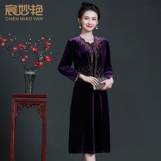 时尚套装春季新款中老年女装金丝绒连衣裙中长款气质连件套女