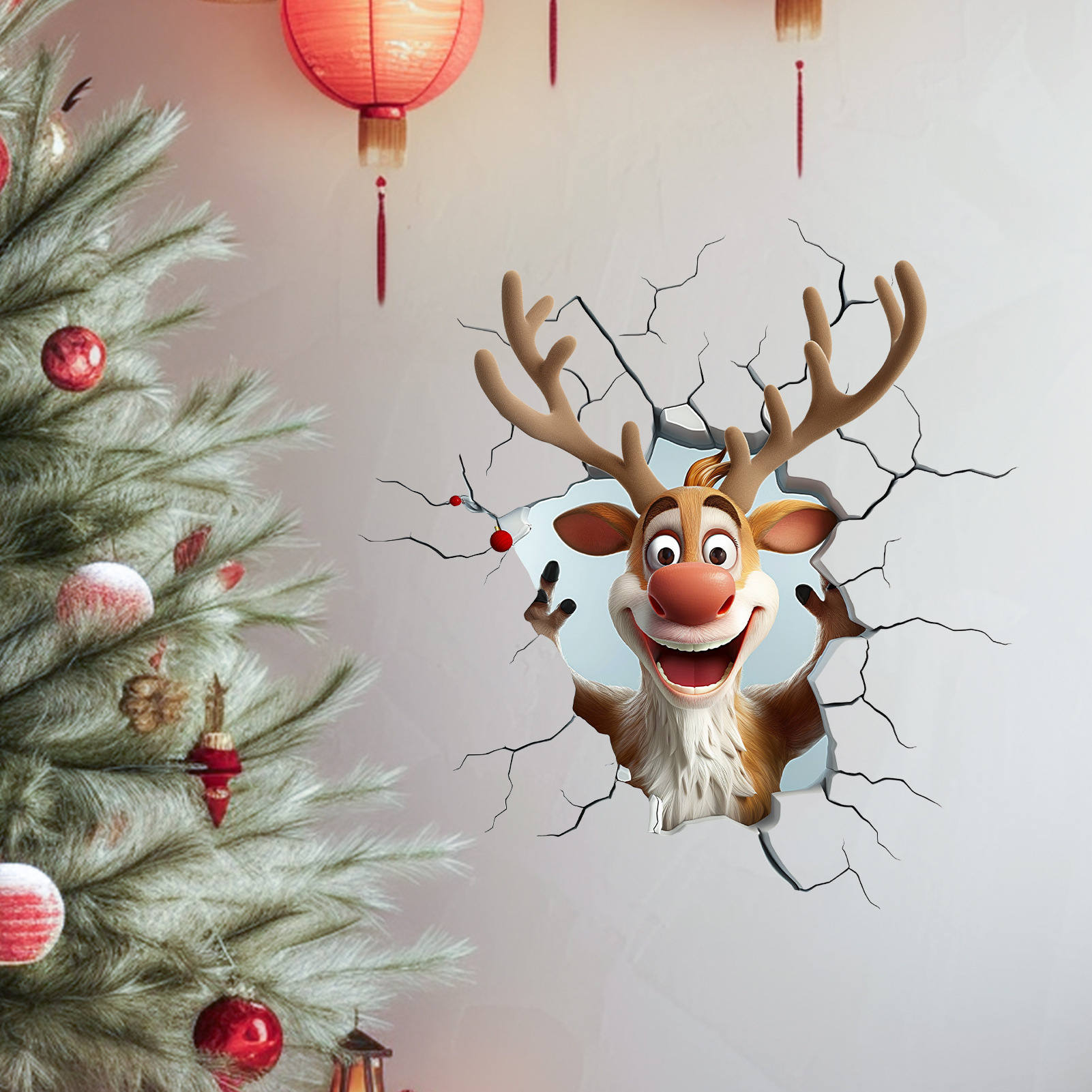 Creatieve 3D-muursticker met cartoonachtige rendieren voor een feestelijke kerstsfeer in de woonkamer. Decoratieve PVC-muursticker._voghion.com