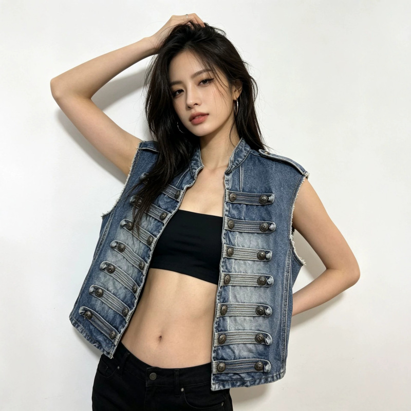 Cross-Border Heavy-Duty Motorcycle Style Short Denim Vest for Women, Trendy Design, New Slim-Fit Stand Collar Sleeveless Jacket Top Cross-Border Heavy-Duty Motorcycle Style Short Denim Vest for Women, Trendy Design, New Slim-Fit Stand Collar Sleeveless Jacket Top