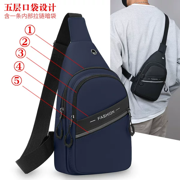 Large-Capacity Five-Layer Storage Men's Chest Bag Multi-Functional Leather Film Versatile Shoulder Bag Trendy Lightweight Casual Crossbody Bag