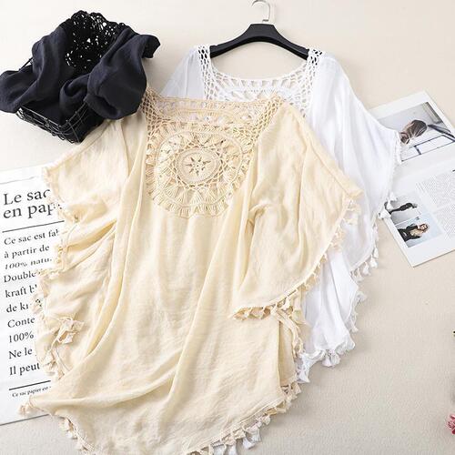 Vacation Hand Hooked Solid Color Patchwork European and American Style Beach Skirt with Small Tassels Sun Protection Short Sexy Beach Cover-up