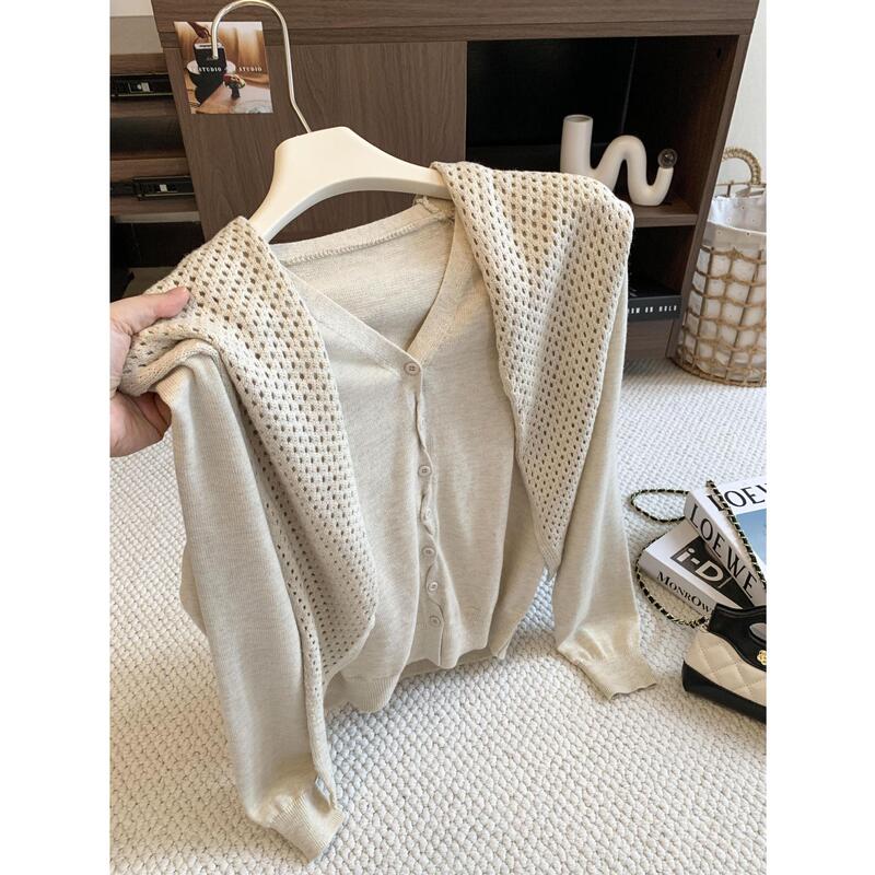 Korean-style hollow-out shawl collar long-sleeve knit cardigan for women, European autumn new collection, high-quality, slimming, and stylish top