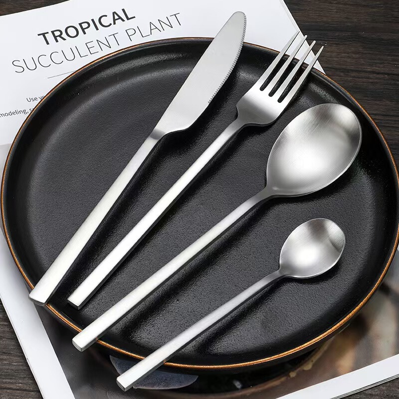 Cross-border Square Handle Stainless Steel Knife and Fork Spoon Tableware Nordic Western Food Hotel Steak Knife and Fork Dessert Spoon Fork Gift Box suit Cross-border Square Handle Stainless Steel Knife and Fork Spoon Tableware Nordic Western Food Hotel Steak Knife and Fork Dessert Spoon Fork Gift Box suit