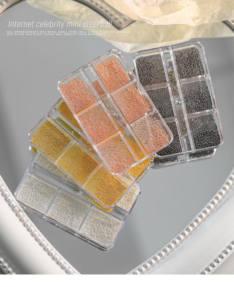 6-Compartment Mini Small Steel Beads Nail Art Decorations Small Gold and Silver Color Boxed Metal Beads DIY Nail Accessories Wholesale