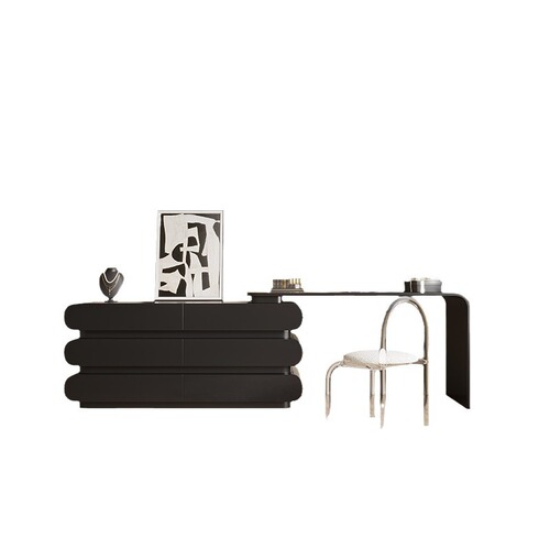 Italian Minimalist Dresser with Integrated Nightstand Bedside Cabinet, Luxury Modern Simple Black Wood Vanity