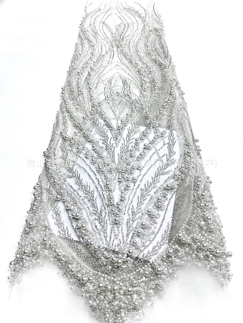 Peacock Feather Heavy Duty Pearl Pipe Mesh Fabric Fonytail Clavado a mano Beads Fishtail vestido de boda tela