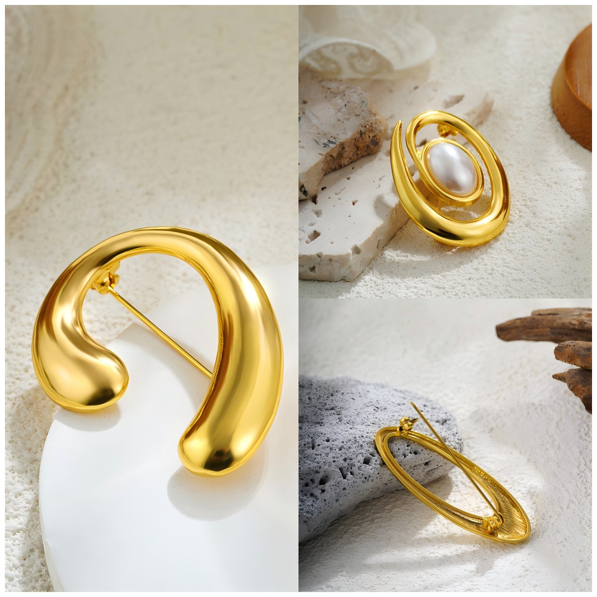 Line Pearl Brooch 18K Real Gold Hollow Simple Brooch French Style Compact Cross-Border Design High-End Jewelry