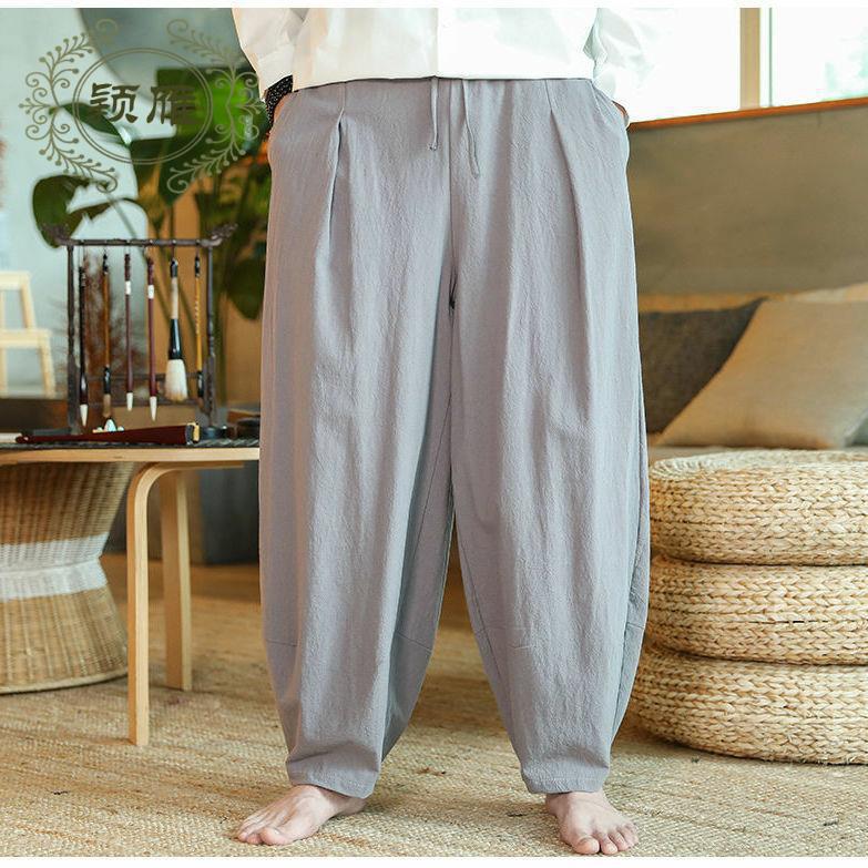 Pantalones de lino hombres sueltos de gran tamaño estilo chino primavera y verano gordo gran entrepierna linterna pantalones casuales pantalones harem pantalones anchos de algodón y lino