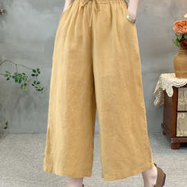 花社2026春夏新款亚麻休闲裤女文艺复古宽松百搭纯色直筒裤子