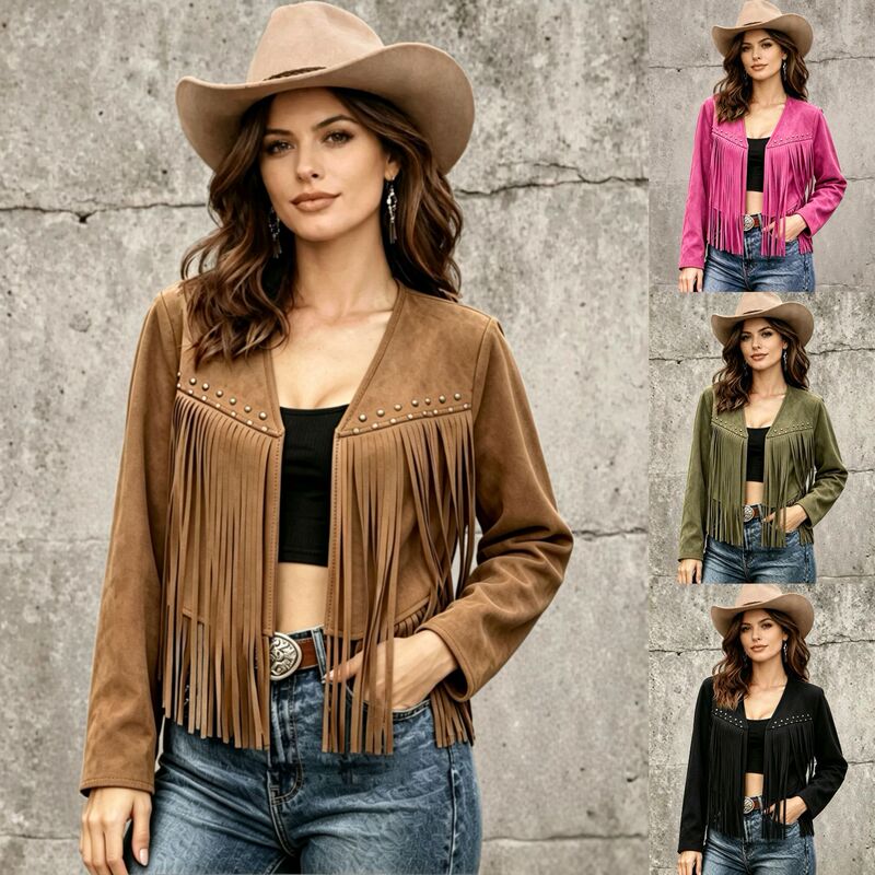 2026 Cross-Border Amazon Independent Site European and American Women's Suede Jacket with Solid Color Rivet Design Long Sleeve Cardigan Coat 2026 Cross-Border Amazon Independent Site European and American Women's Suede Jacket with Solid Color Rivet Design Long Sleeve Cardigan Coat