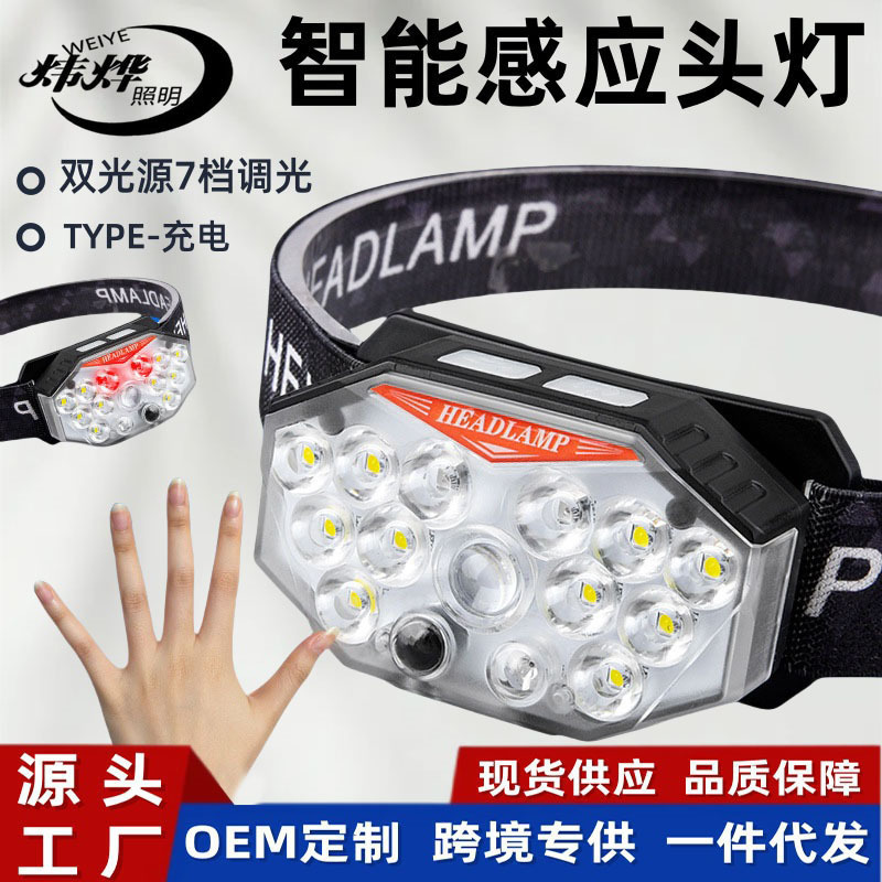 クロスボーダー誘導ヘッドランプ、強力な光、超高輝度充電式ヘッドマウント屋外登山および釣り専用ヘッドマウントランプ、超長バッテリー寿命|undefined