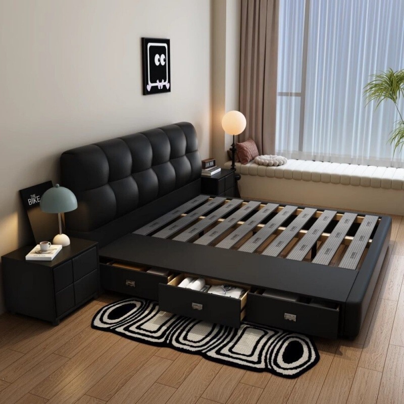 Modern Light Luxury Minimalist Genuine Leather Ins Black Cream Double Bed Master Bedroom 1.8m Small Apartment Storage Bed Wedding Bed Modern Light Luxury Minimalist Genuine Leather Ins Black Cream Double Bed Master Bedroom 1.8m Small Apartment Storage Bed Wedding Bed