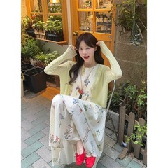 实拍 夏季甜美无袖碎花设计感背心连衣裙针织披肩开衫套装女87426