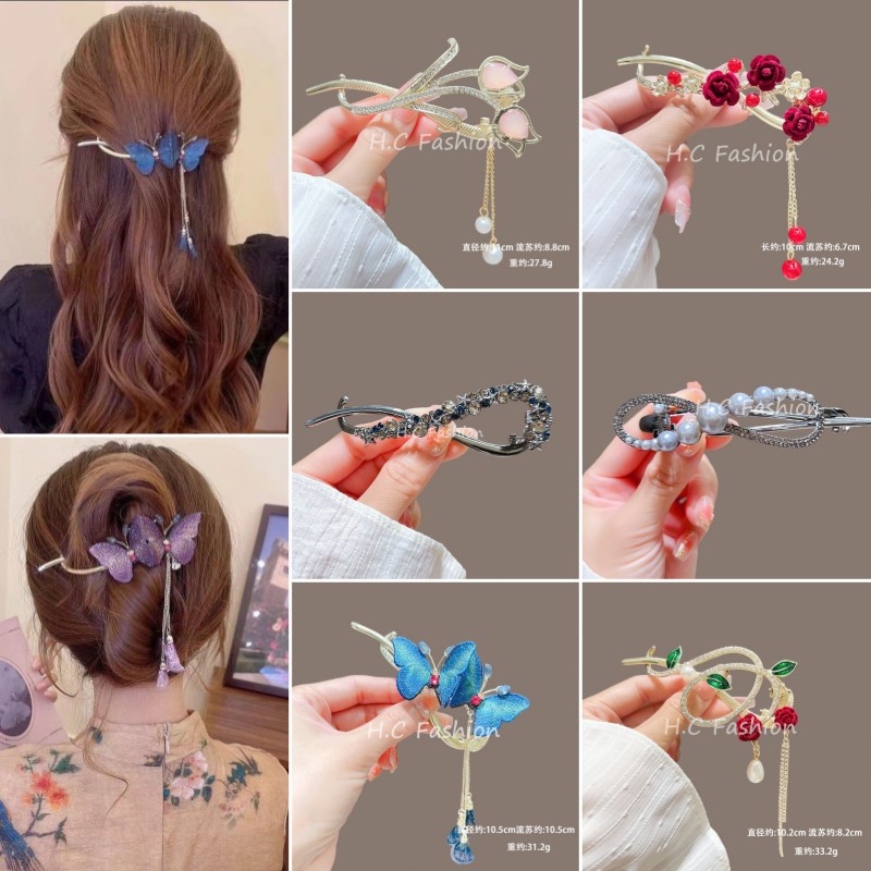 new chinese embroidery butterfly tassel barrettes women‘s retro temperament twisted clip ball buckle back head hair jaw clip