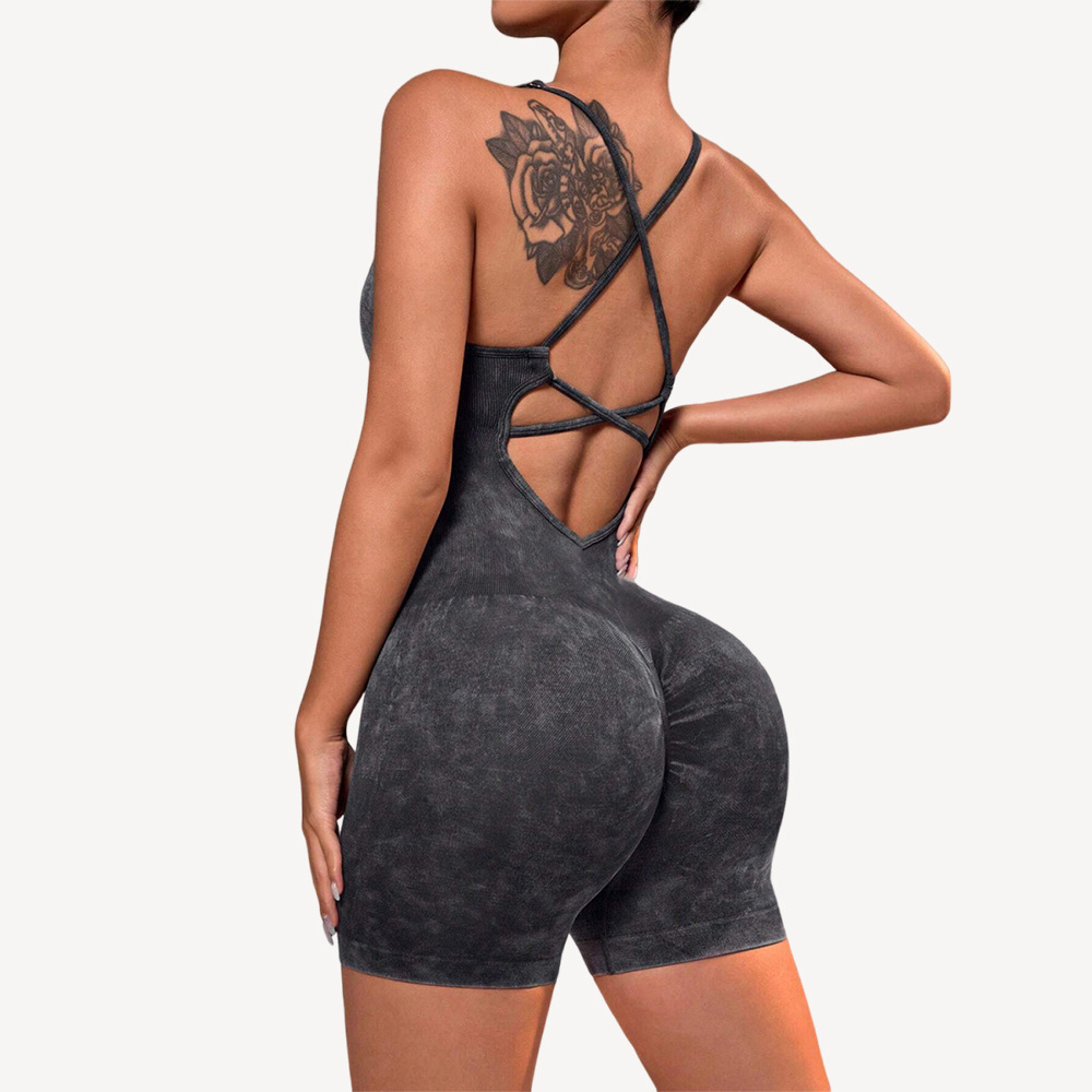 Europa y los Estados Unidos sin costuras esmeriladas, sexy, camiseta de mel, camiseta de acondicionamiento físico de secado rápido, ropa de yoga de espalda hermosa en una sola pieza