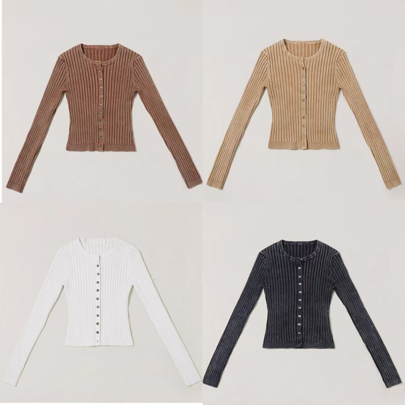 Sk Wild Retro Knitted Cardigan Stone-Washed Button Threaded Slim Top for Outer Wear