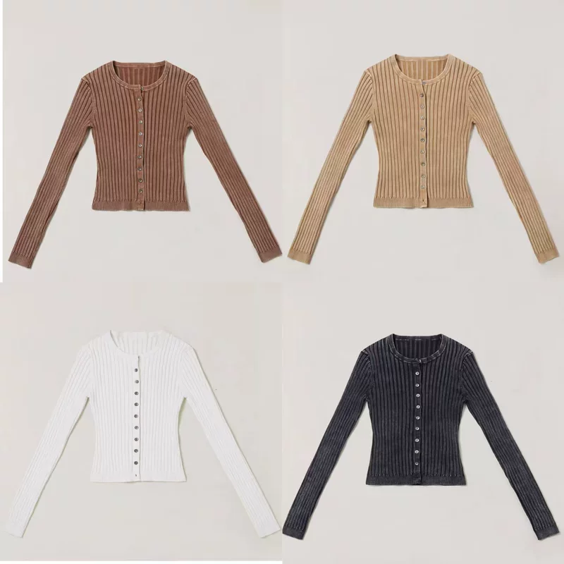SK wild retro knitted cardigan stonewashed button thread slim top for outer wear