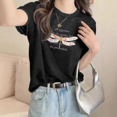 2025夏の新型半袖女性ファッション高品質アルファベット刺繍蝶美しいデザイン洋風tシャツ