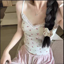 BM风美式樱桃印花蕾丝边镂空吊带背心女bm辣妹纯欲内搭外穿上衣潮