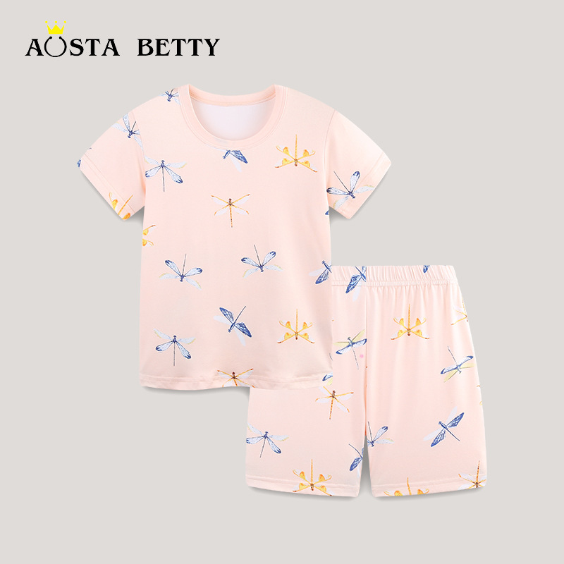 25 de verano nueva ropa doméstica de niñas dos piezas de estilo europeo y americano de cuello redondo para niños de manga corta traje de pijamas casuales