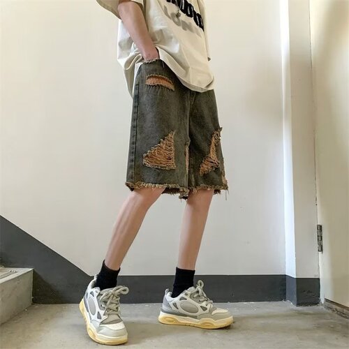 American retro ripped jeans shorts, men's summer thin style, loose niche design, quarter pants, high street fashion brand