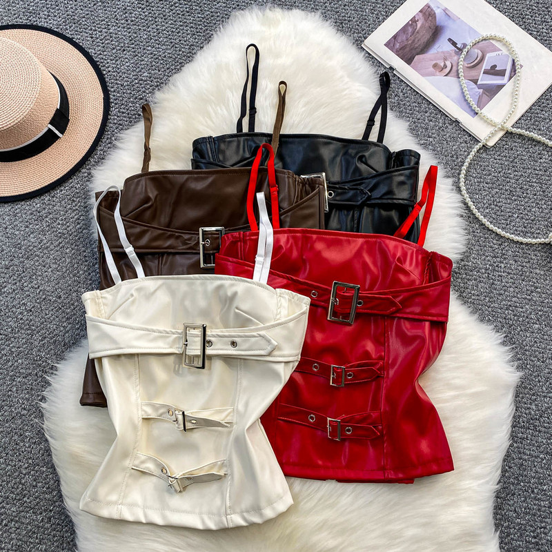 Trendy High-End Off-White Leather Camisole for Women, Summer Buttoned Slim-Fit Short Pu Leather Top Trendy High-End Off-White Leather Camisole for Women, Summer Buttoned Slim-Fit Short Pu Leather Top