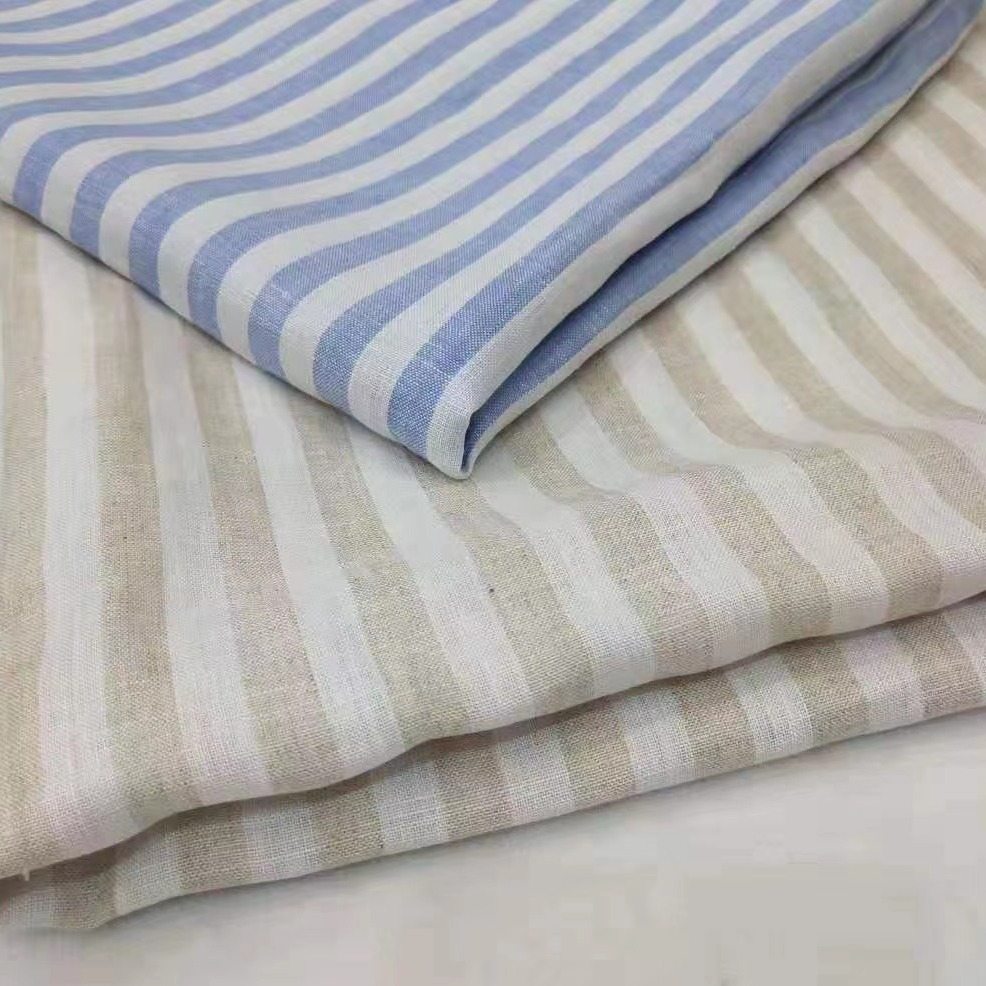 纯亚麻色织条子布双色亚麻条纹面料女装衬衫面料