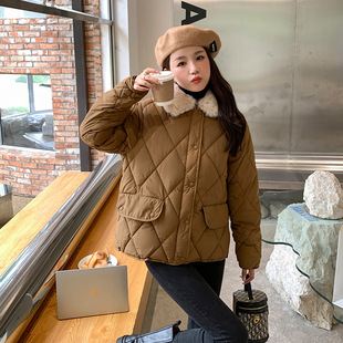 Short Stitching Lamb Wool Collar Lightweight Diamond Plaid Cotton-padded Jacket Women's Autumn and Winter New Korean Style Casual Warm Cotton-padded Jacket Trendy Coat