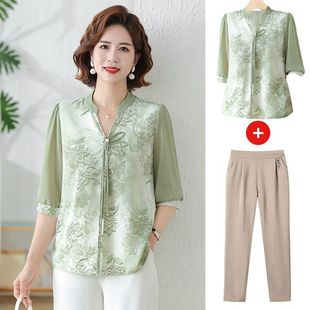 Middle-Aged and Elderly Women's Summer Tops + Casual Pants Suits, Elegant, Fashionable, Comfortable and Slimming Look Mother's Clothing, Chinese Style Short-Sleeved Clothing