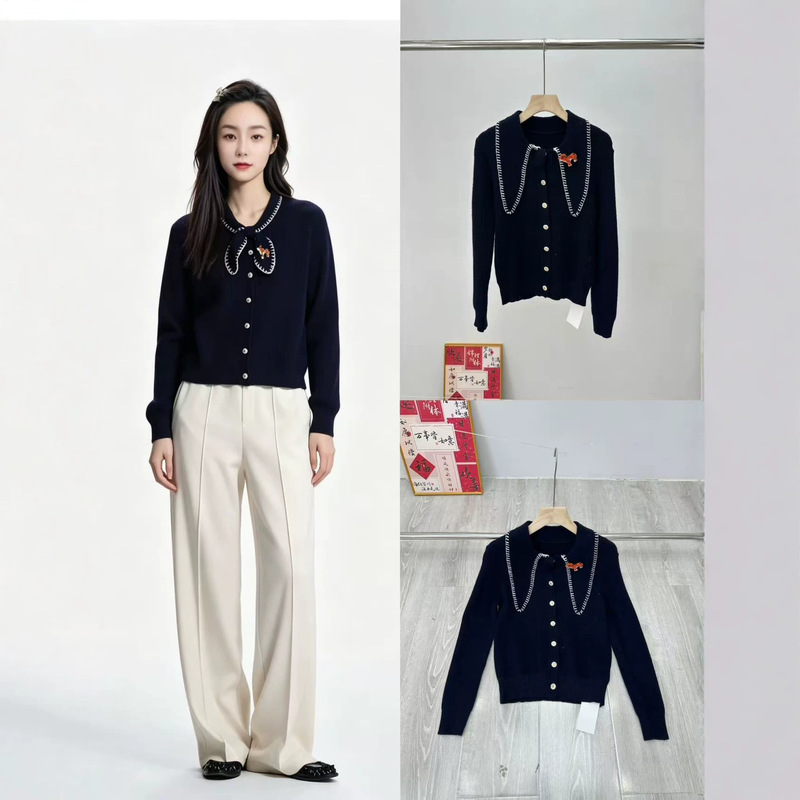 Actual product photo 08240526ER Women's Clothing 26 Autumn New Handmade Crochet Trim Navy Collar Sweater Cardigan Actual product photo 08240526ER Women's Clothing 26 Autumn New Handmade Crochet Trim Navy Collar Sweater Cardigan