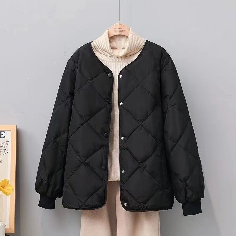 小香风女款无领菱形格小个子内搭轻薄保暖短款圆领冬季棉服外套|undefined