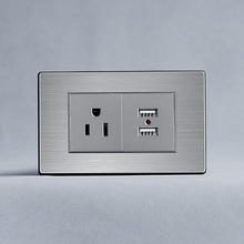南美118B系列不锈钢面板美式三孔加双Type-A墙壁USB插座250V 16A