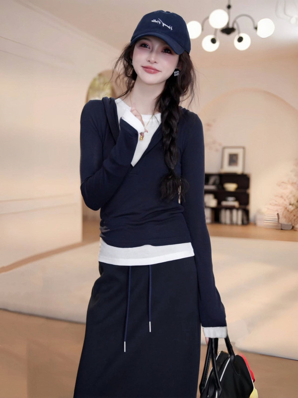 开春穿搭一整套女2025春夏爆款运动休闲假两件连帽T恤卫裙两件套|undefined