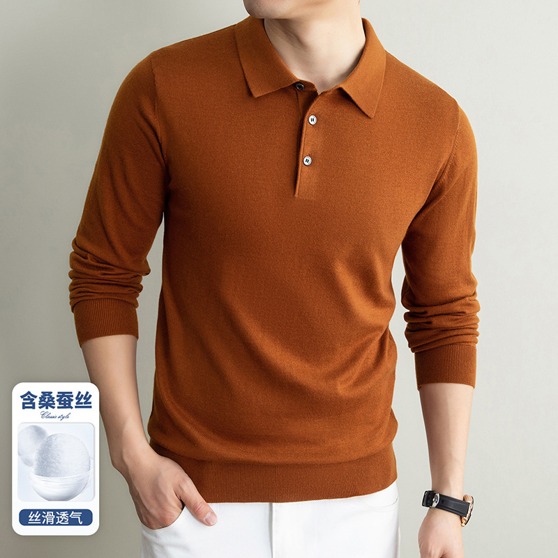 New early autumn men's long-sleeve knitted sweater with [sheep wool + mulberry silk] for warmth and trendy style