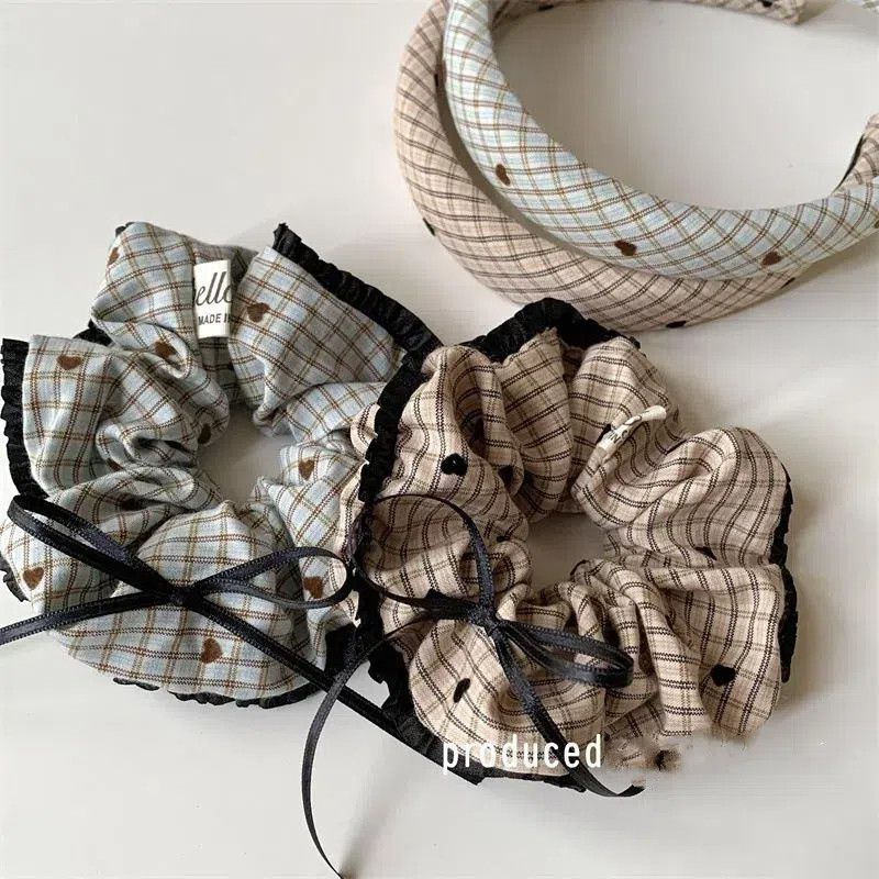 Autumn and winter retro new flocking love plaid fabric large intestine hair band hair bow lace beautiful hair accessories