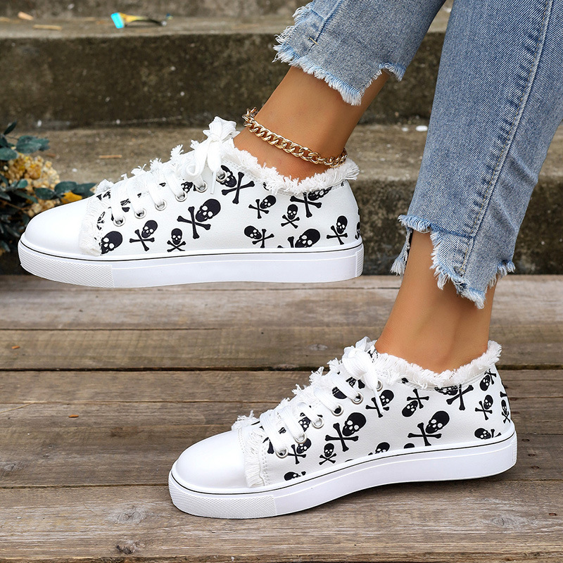 Damskie płócienne buty na Halloween we wzór czaszki, niski krój, okrągłe noski, antypoślizgowe, sznurowane z surowymi krawędziami, wygodne buty outdoorowe_voghion.com