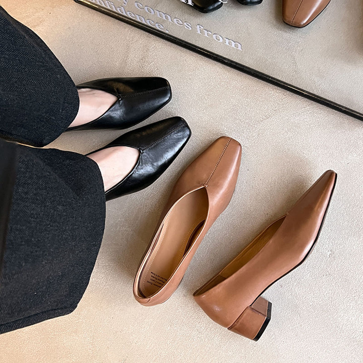 Giày nữ da bò gót vuông cổ V mũi nhọn, phong cách bà nội (granny shoes) đế thấp, đi làm hằng ngày — màu nâu