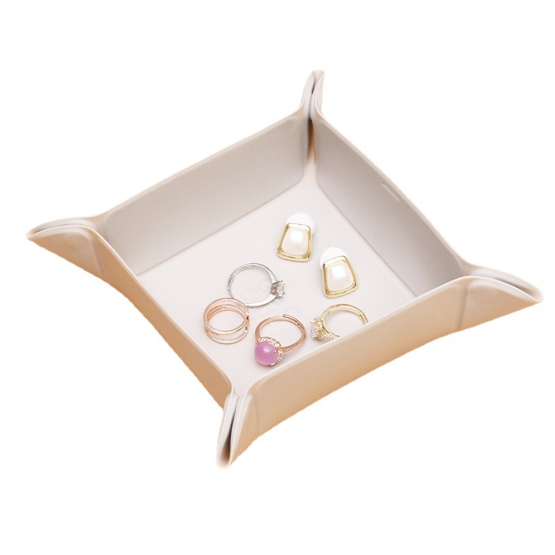 Caja de almacenamiento de escritorio de cuero PU, bandeja de almacenamiento plegable para llaves pequeñas, cosméticos y artículos diversos, almacenamiento de pequeños adornos.