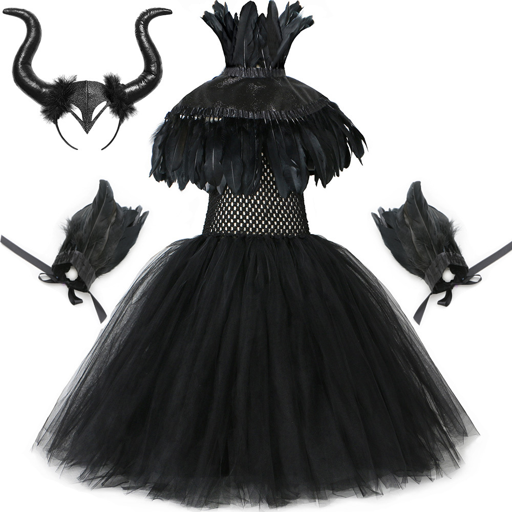 Ropa para niños Vestido de bruja maléfica Capa de plumas Disfraz de Halloween para niños Vestido de malla negro para niña gótica_voghion.com